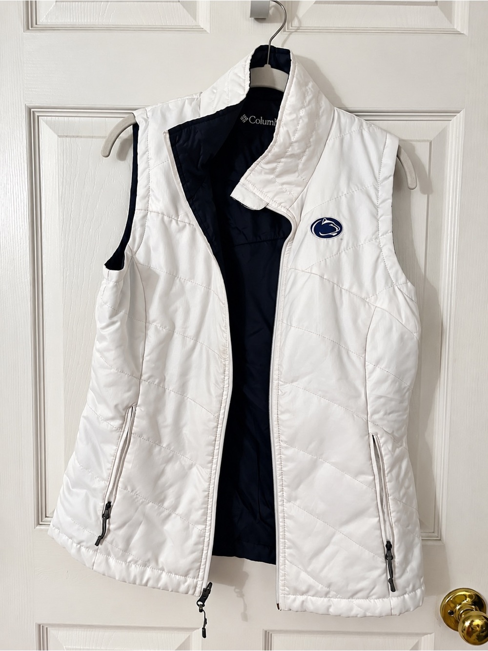 Columbia White Quilted Vest with Navy Lining and Penn State Logo